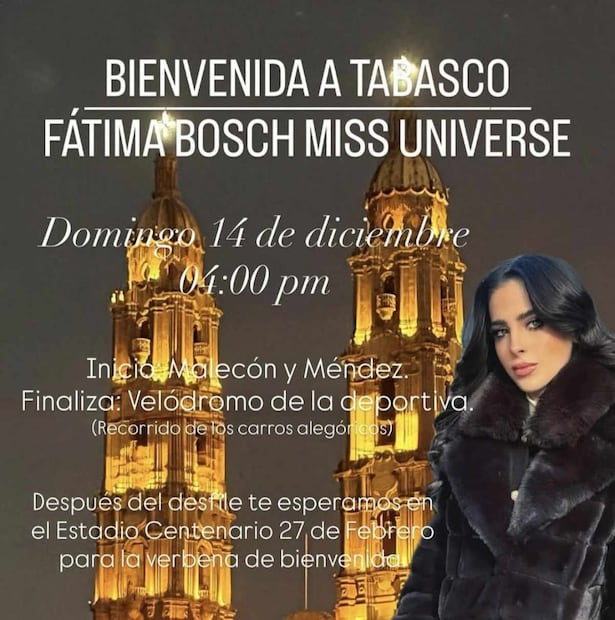 Planean recibimiento de la Miss Universo Fátima Bosch a Tabasco (03/12/2025). Foto: Especial