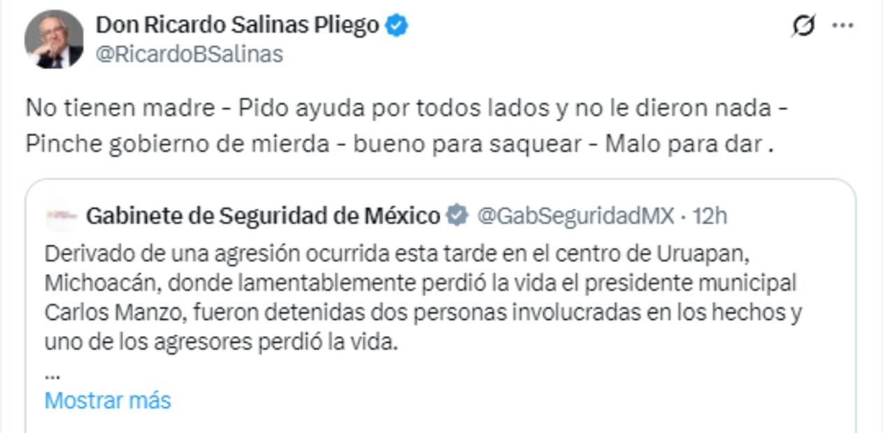 Publicación de Salinas Pliego en X. Foto: X