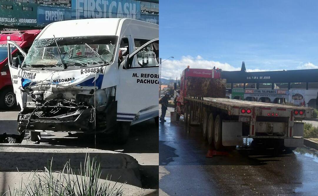 Cinco lesionados en un choque entre una camioneta de transporte público y un tracto camión en Pachuca Hidalgo
Foto: Especial.