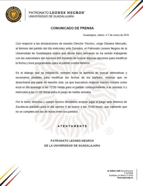 Directiva de Leones Negros aclara incumplimiento en reglamento