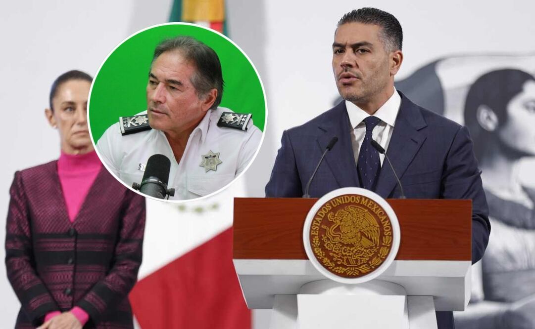 Omar García Harfuch, titulas de la SSPC, durante la mañanera de la presidenta Claudia Sheinbaum, este 22 de julio del 2025 y Hernán Bermúdez Requena, exsecretario de Seguridad de Tabasco. Fotos: Diego Simón y archivo EL UNIVERSAL