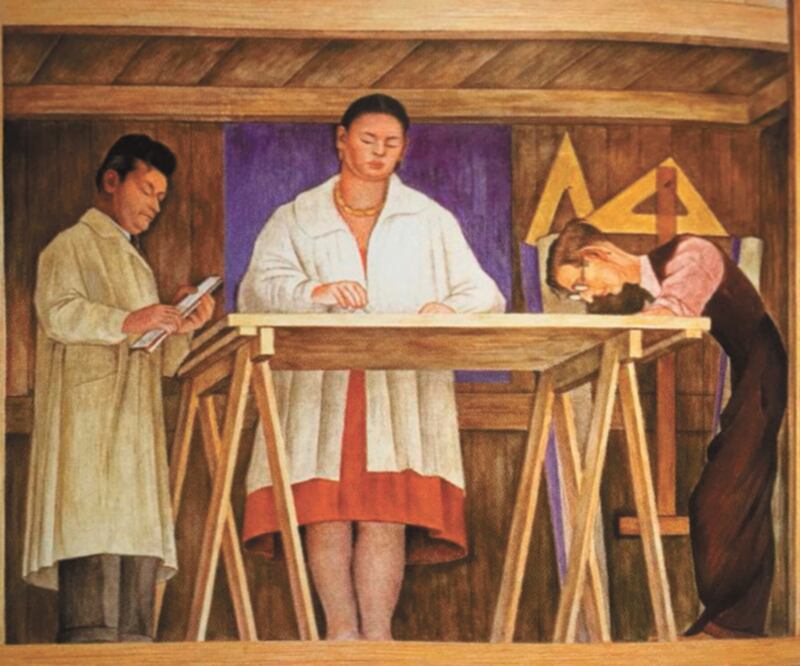 Detalle de la obra se conoce como La creación de un fresco o La construcción de un fresco, los temas que plasma son la pintura, escultura, arquitectura, diseño e industria. Tomada del catálogo razonado muralismo mexicano