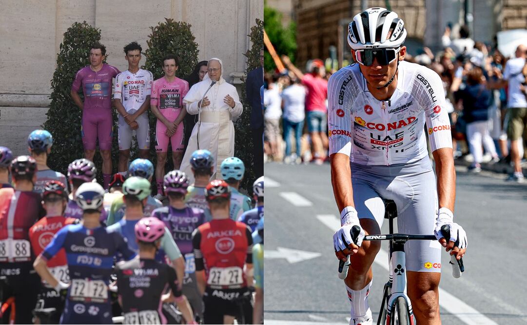 Isaac Del Toro en la Etapa 21 del Giro de Italia, durante su encuentro con el Papa León XIV - Fotos: AP y AFP