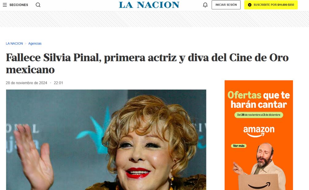 La Nación de Argentina cubre la muerte de la primera actriz, Silvia Pinal. Foto: Captura de Pantalla