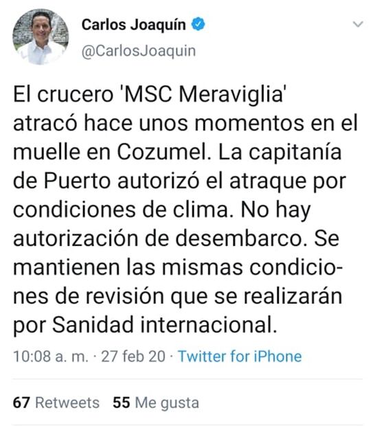 Aún no hay autorización para desembarco de crucero Meravigilia en Cozumel