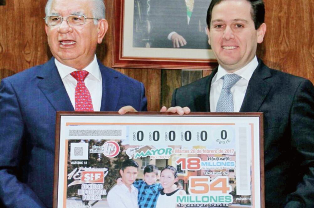 Jesús Alberto Cano Vélez, de SHF, y Pedro Pablo Treviño, de Lotenal (LOTERÍA NACIONAL)
