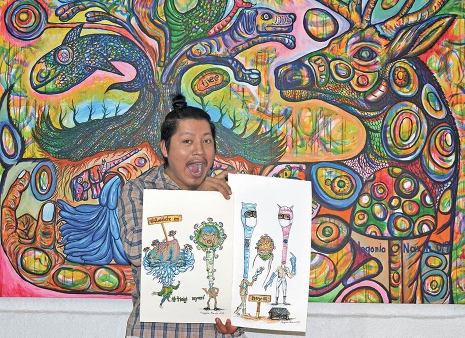 La obra de Filogonio destaca por su estilo de personajes de cuellos largos y seres antropomorfos inspirados en la cosmovisión de su tierra. Foto: CORTESÍA