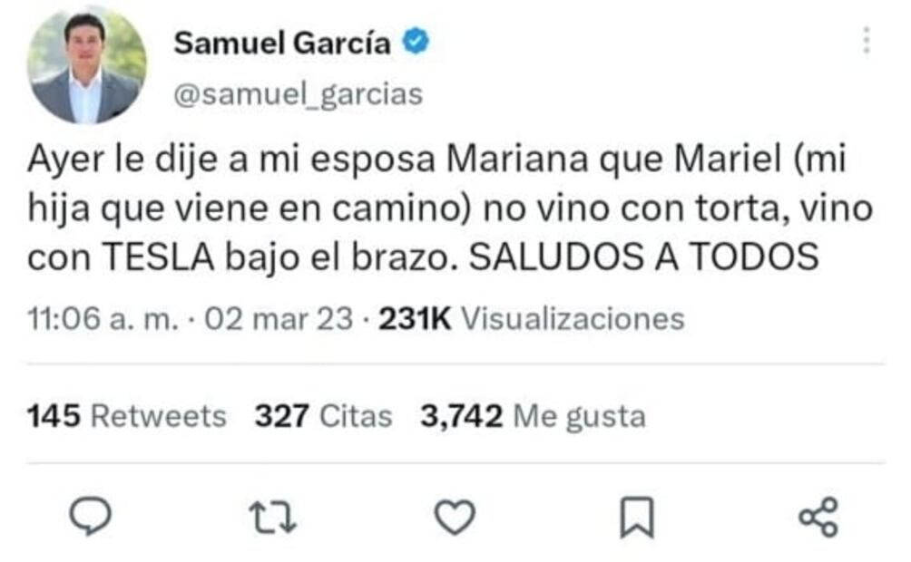 ¿Cuándo nace la hija de Samuel García y Mariana Rodríguez?: “Vendrá con TESLA bajo el brazo”