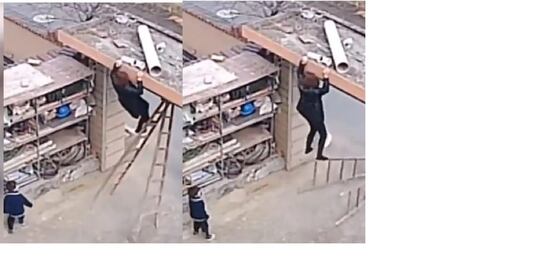 VIDEO: Se le cayó la escalera mientras trabajaba y su hijo pequeño se convirtió en héroe