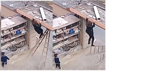 VIDEO: Se le cayó la escalera mientras trabajaba y su hijo pequeño se convirtió en héroe