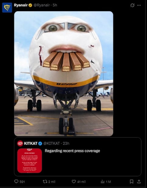 La aerolínea irlandesa, Ryanair también se sumo a los memes sobre el atraco de las barras de chocolate KiKat. Foto: Captura de pantalla