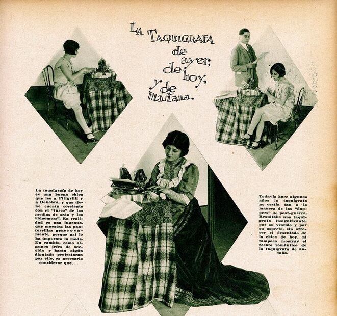 Las páginas de la revista "Universal Ilustrado", nos dejó reportajes con bellas imágenes que ilustraban la figura de las secretarias realizando su labor como asistentes, entre ellas se observa a las mujeres tomando notas taquigráficas. Foto: Hemeroteca El Universal.