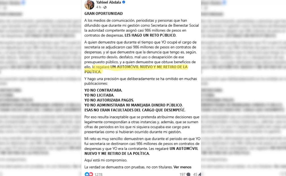Yahleel Abdala lanzó un reto público en Facebook a los medios de comunicación, a quien encuentre el contrato millonario por las despensas, le regalará un automóvil nuevo. | Foto: Especial.