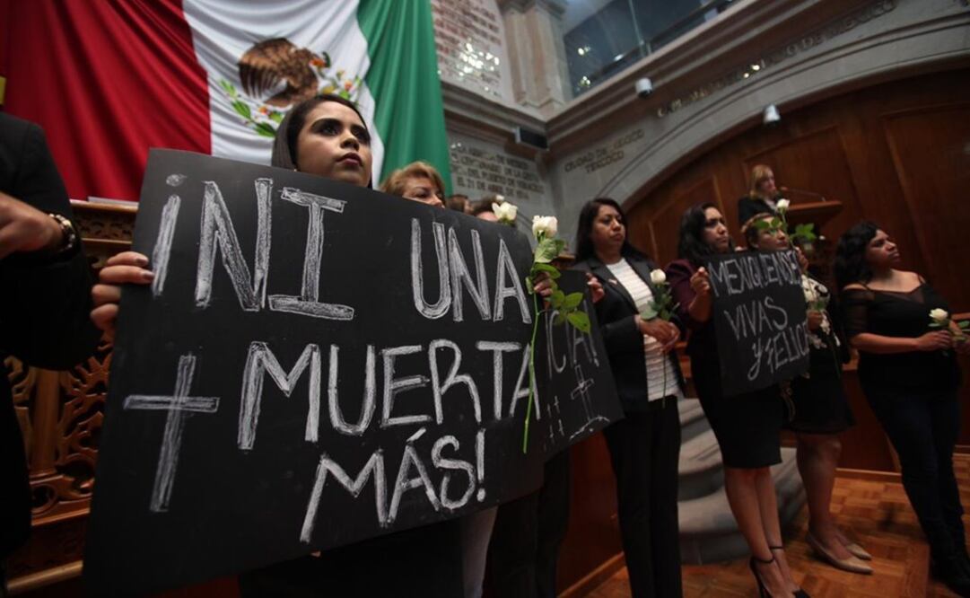 Durante la sesión de este jueves, las legisladoras de Morena entregaron rosas blancas a los 70 legisladores y con pancartas exigieron “ni una muerta más”. Foto: Jorge Alvarado. EL UNIVERSAL