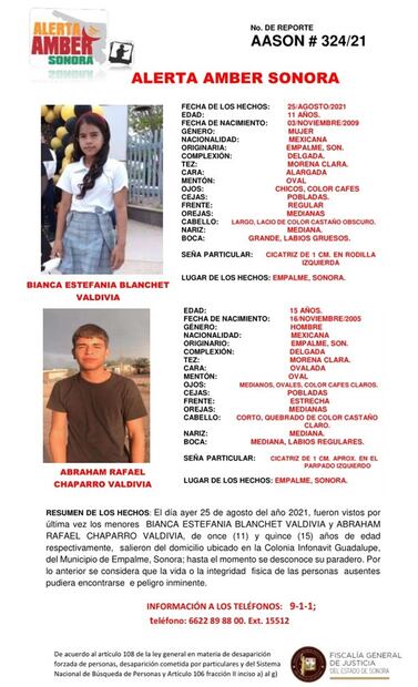 Emiten Alerta Amber en Sonora para localizar a dos menores de 11 y 15 años de edad