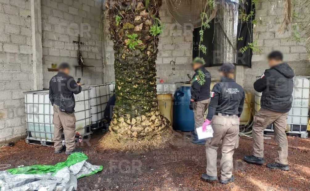 FGR asegura inmueble en Huehuetoca por venta ilegal de gasolina; decomisa 2 mil 805 litros.
Foto: Especial.