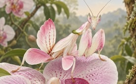 ¡Asesina hermosa! Esta mantis religiosa tiene un camuflaje bastante llamativo que parece una flor