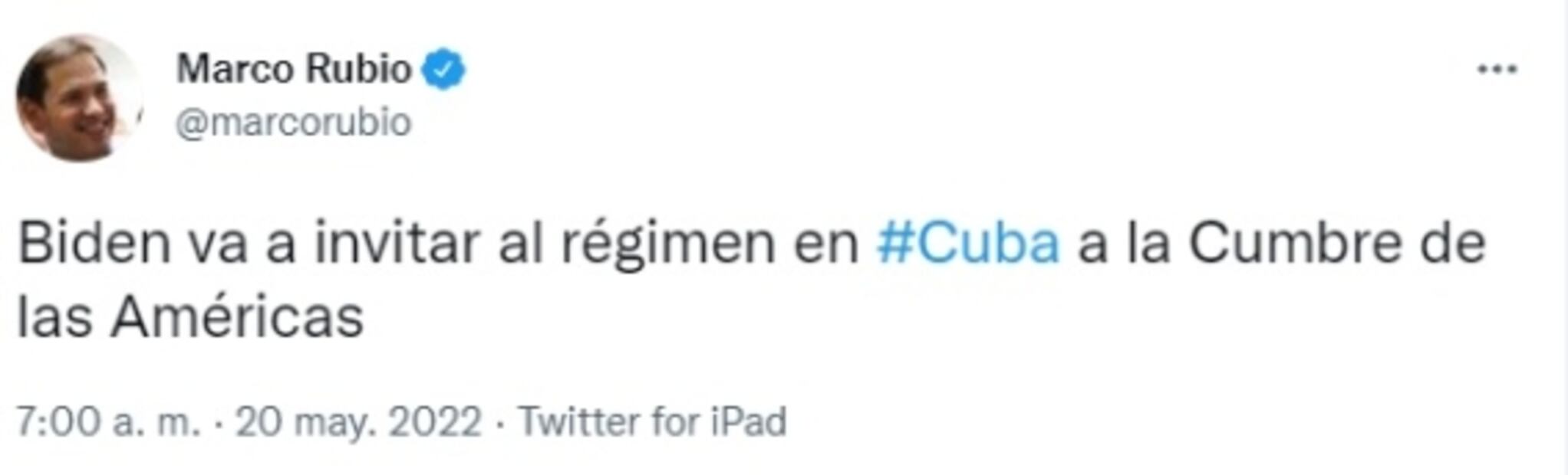 Senador republicano Marco Rubio afirma que Joe Biden invitará a Cuba a Cumbre de las Américas