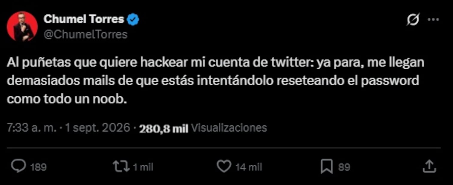 Chumel Torres denuncia intento de hackeo en su cuenta de X. Foto: Captura de pantalla