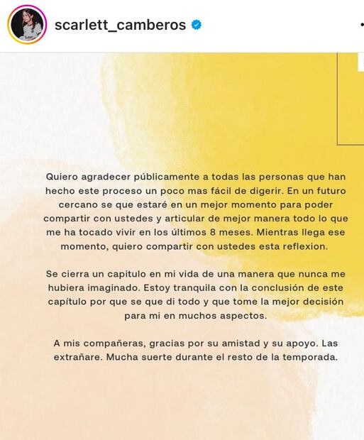 Scarlett Camberos escribió en sus redes sociales