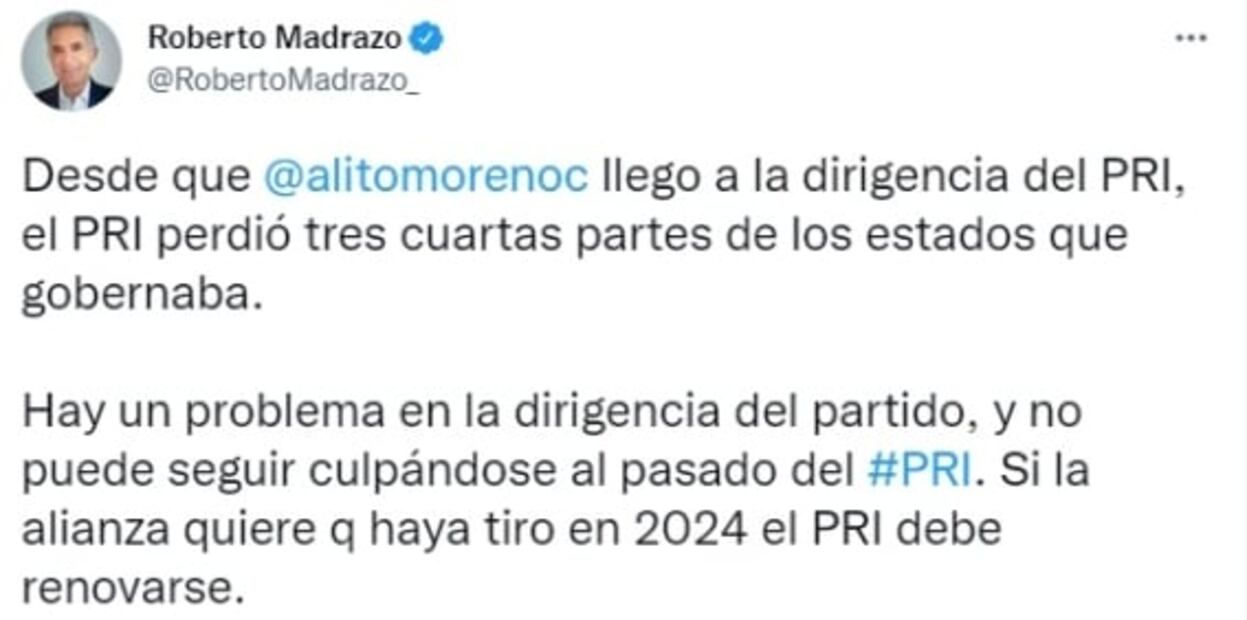 "El PRI debe renovarse": Roberto Madrazo lanza crítica a Alito Moreno tras elecciones