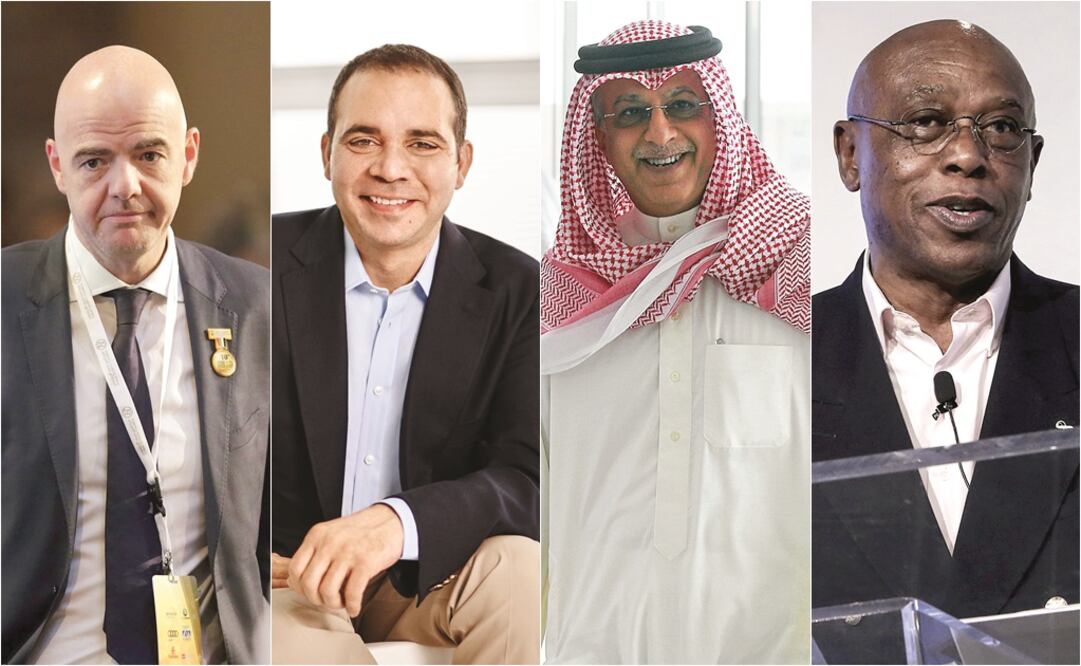 De izquierda a derecha: Gianni Infantino, Ali Bin al Hussein, Salman Bin Ebrahim Al-Jalifa, Tokyo Sexwale (Especial)