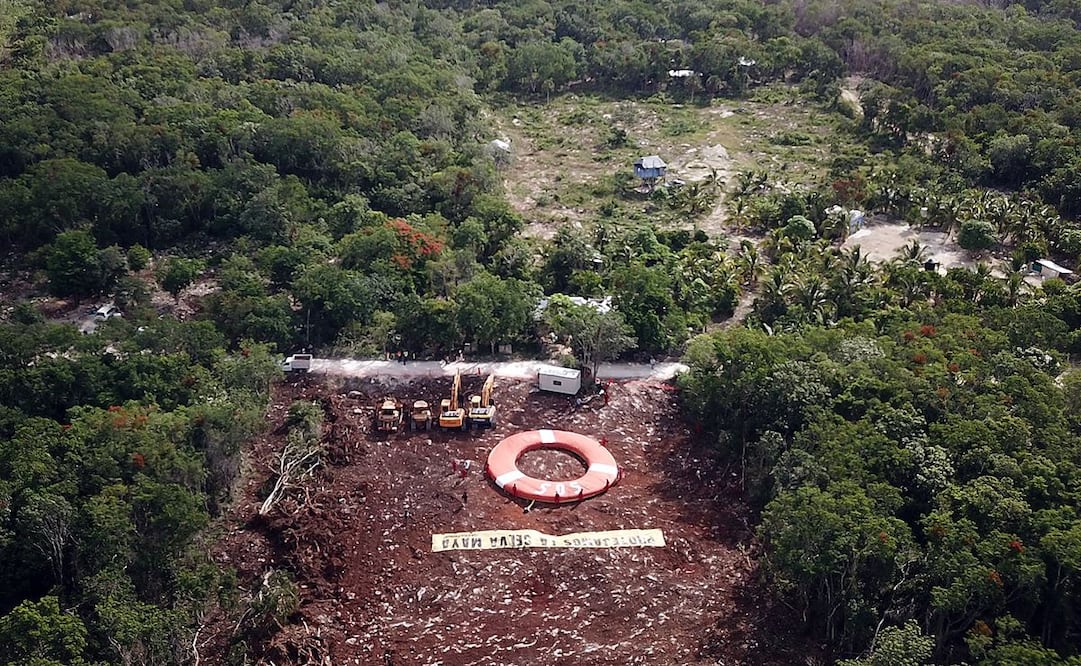 Activistas de Greenpeace México instalaron un salvavidas gigante con el mensaje "Protejamos la selva Maya" durante una protesta contra la construcción del tramo 5 del Tren Maya / Foto: Archivo. EFE