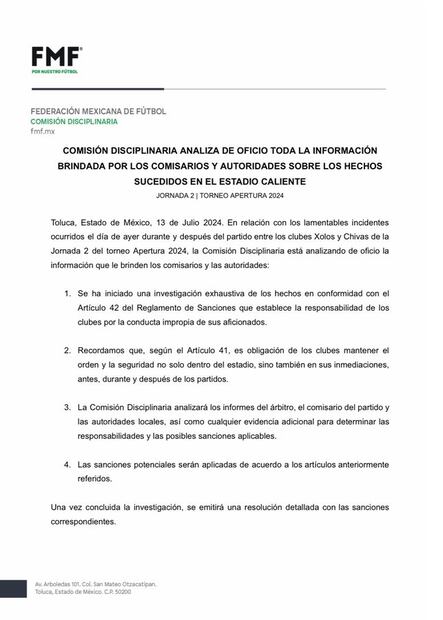 Comunicado de la Federación Mexicana de Futbol - Foto: @FMF en X