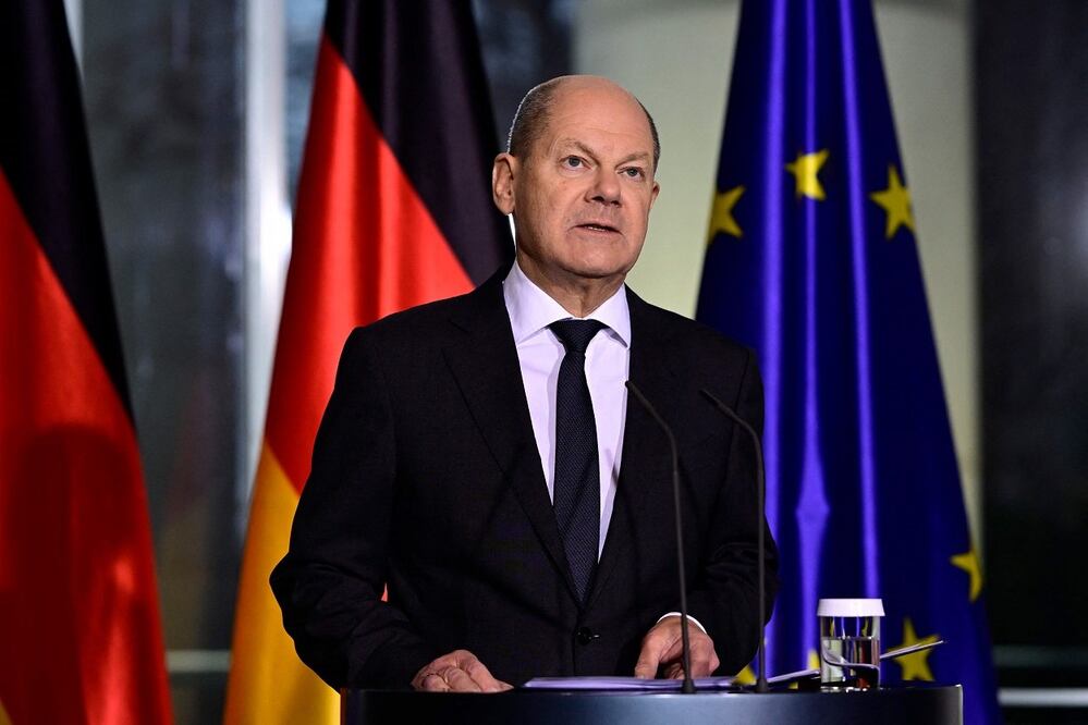 El canciller alemán Olaf Scholz, en Berlín, luego de una videoconferencia con los líderes del G7. Foto: AFP
