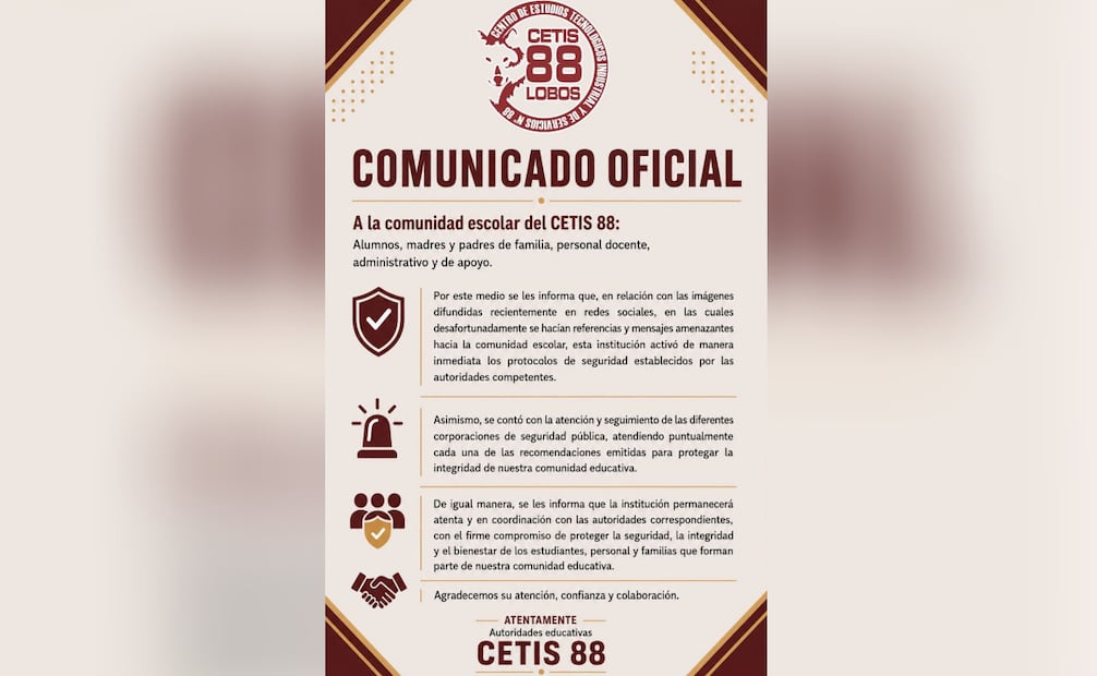 Confirma CETIS 88 amenazas contra comunidad escolar en Gómez Palacio, Durango; activan protocolos de seguridad.
Foto: Especial.