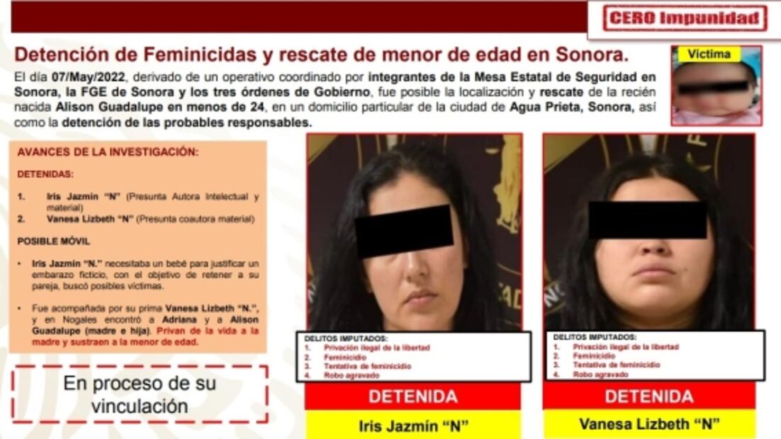 Primas cometen feminicidio para "justificar un embarazo" y retener a pareja de una de ellas en Sonora