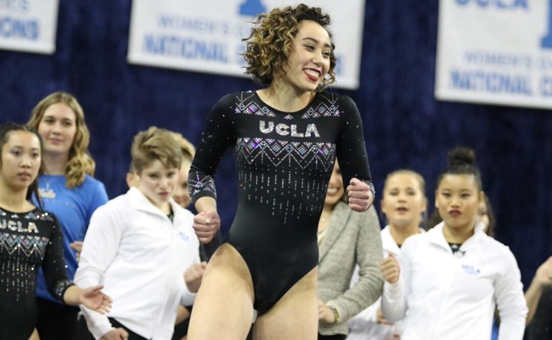 La gimnasta estadounidense que logró el puntaje perfecto en el desafío de gimnasia universitario.  FOTO TOMADA DE TWITTER @uclagymnastics