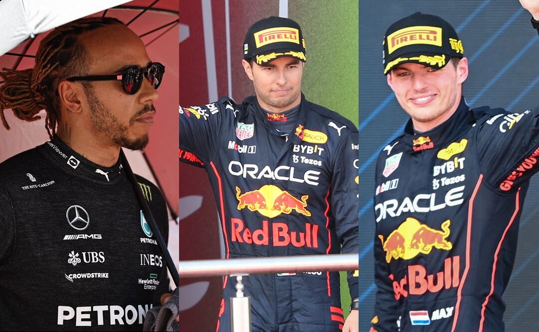 Los pilotos de la Fórmual 1 Hamilton, Checo Pérez y Max Verstappen - FOTO: Especial