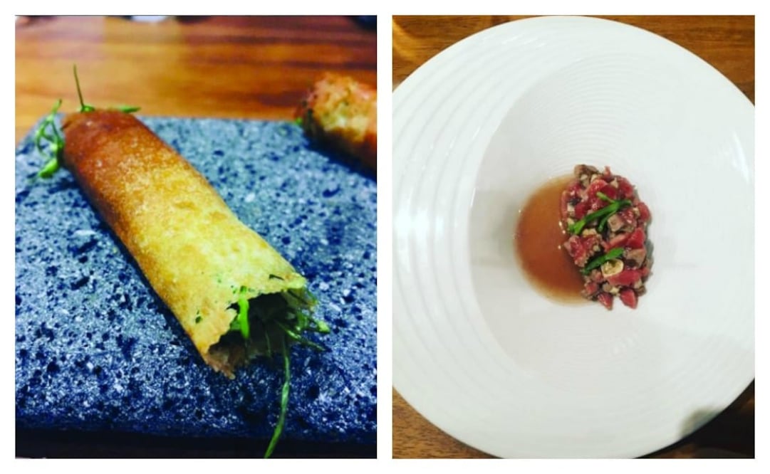 Foto: MENU EL UNIVERSAL / taquito de queso relleno de hierbas y el tartar marino en Lorea.