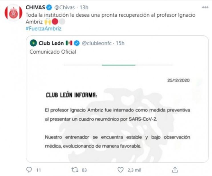 Equipos de la Liga MX se solidarizan con Nacho Ambriz tras ser hospitalizado