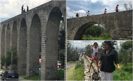 Usan acueducto como puente peatonal en Edomex