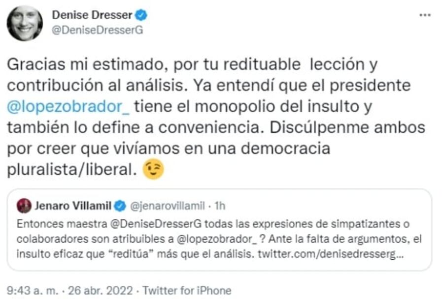 AMLO exige a Denise Dresser disculpa por "vulgaridad" de "se la metió doblada"; ella sube foto de Taibo II