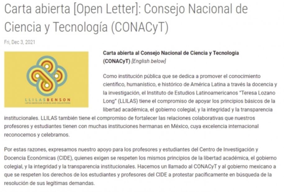 Universidad de Texas en Austin expresa su apoyo a los estudiantes del CIDE