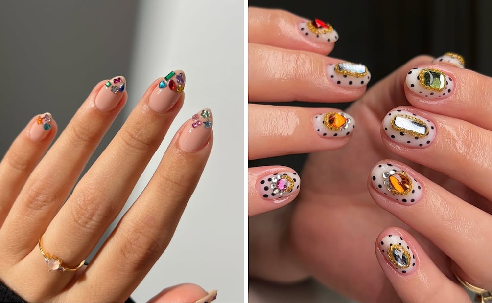 Uñas bedazzled. Foto: Instagram @samrosenails, @gelxbyjocelyn
