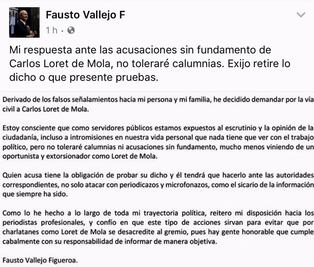 Anuncia Fausto Vallejo demanda contra Loret de Mola