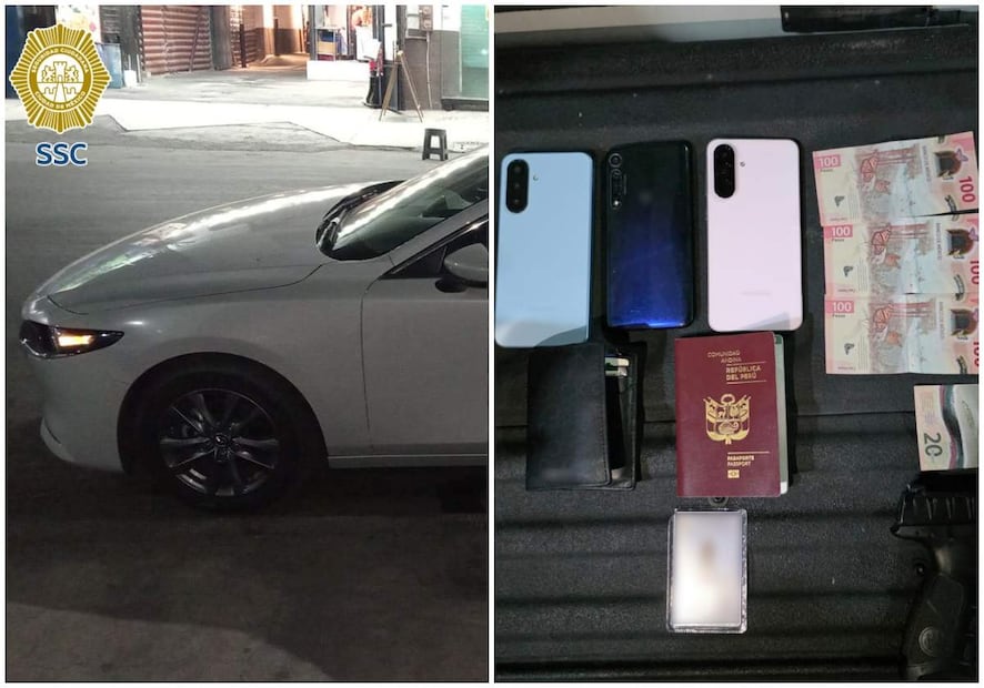 Detienen a presuntos ladrones en coche color blanco y les encuentran teléfonos celulares y dinero en efectivo. Fotos: Especiales