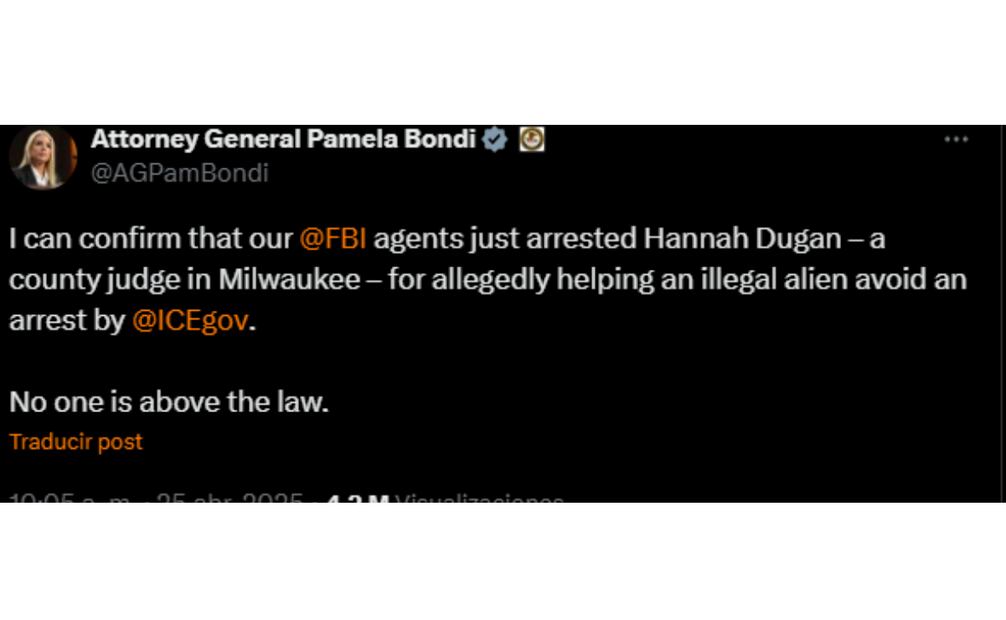 "Nadie está sobre la ley", sentencia Pam Bondi a través de su cuenta de X. (26/04/25) Foto: Captura de Pantalla