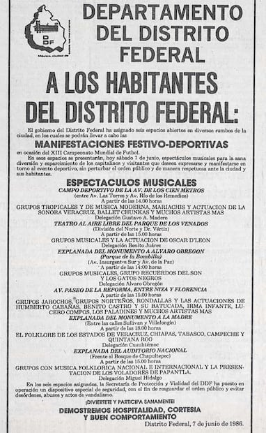 Anuncio del DDF para los “sitios de sana diversión” disponibles tras el partido México vs. Paraguay, del 7 de junio 1986. Foto: Hemeroteca EL UNIVERSAL.