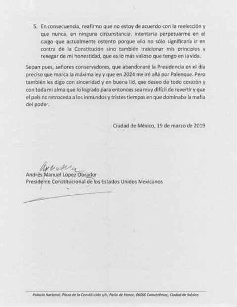 Esta es la carta con la que AMLO se compromete a no reelegirse