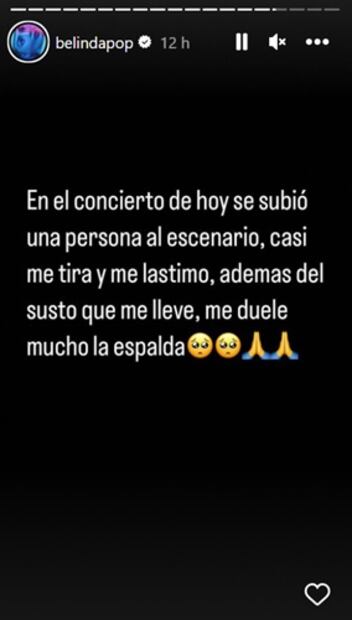 Belinda aseguró que además del susto se llevó una leve lesión en la espalda  Foto: Instagram