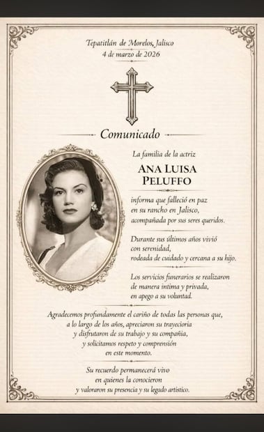 Anuncian la muerte de la actriz Ana Luisa Peluffo.