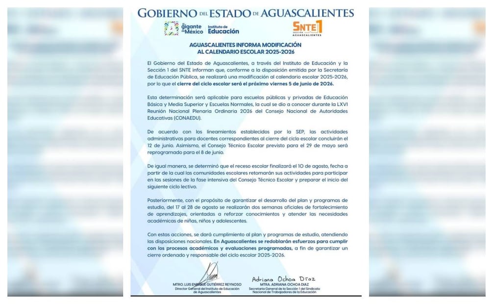 IEA y SNTE anunciaron que conforme a la disposición emitida por la SEP, se realizará la modificación al calendario escolar. Foto: Especial.