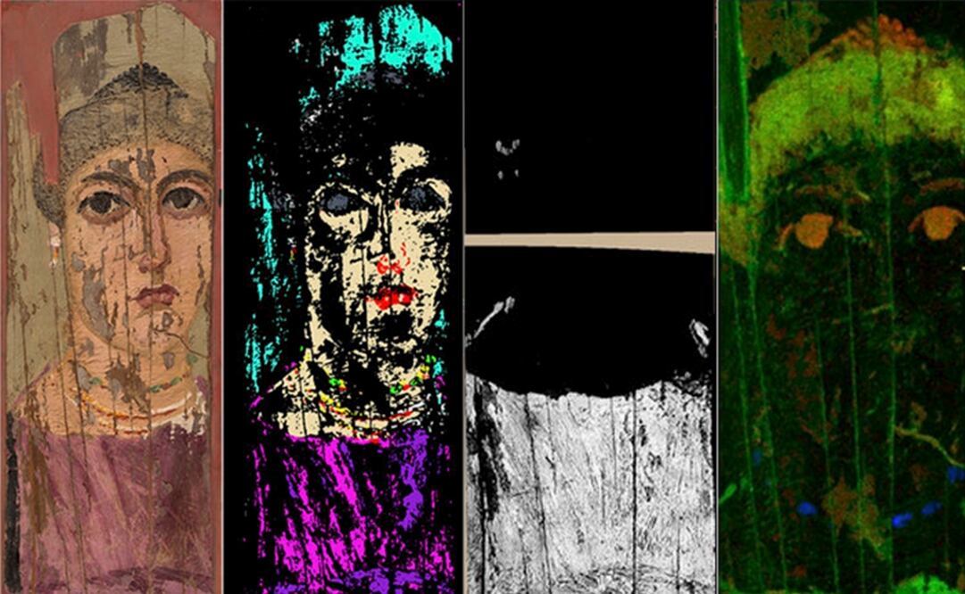La pintura original está al lado izquierdo. Le siguen las imágenes hechas con reflectancia difusa hiperespectral, luminiscencia y fluorescencia de rayos X. Foto: National Gallery of Art (izqueirda); National Gallery of Art / UCLA
