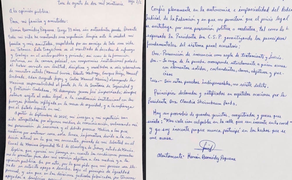 Carta de Hermúdez donde niega los delitos que se le imputan (13/08/2026). Foto: Especial