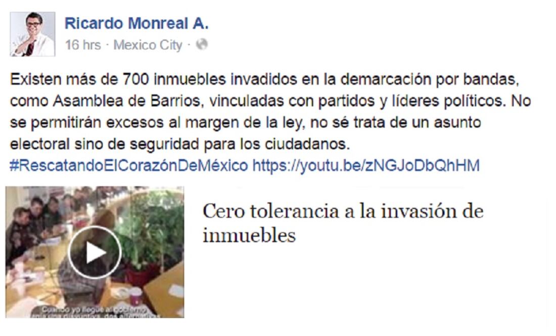 Ricardo Monreal said that he will not be an accomplice of criminals. (Photo: Taken from Facebook)